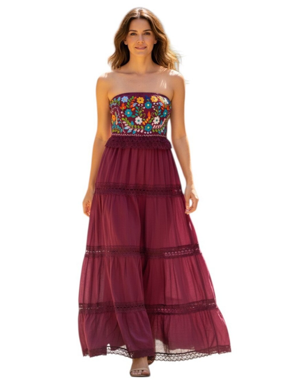 Burgundy Floral Embroidered Strapless Smocked Tiered Maxi Dress Boho Romantic